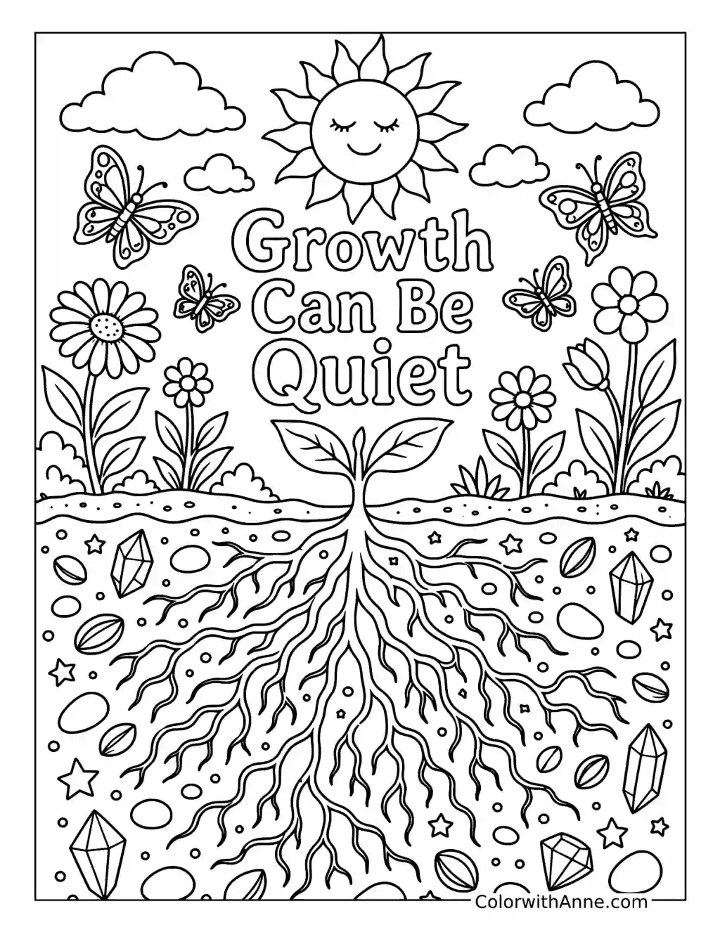 Growth Can Be Quiet with a Seedling and Roots coloring page