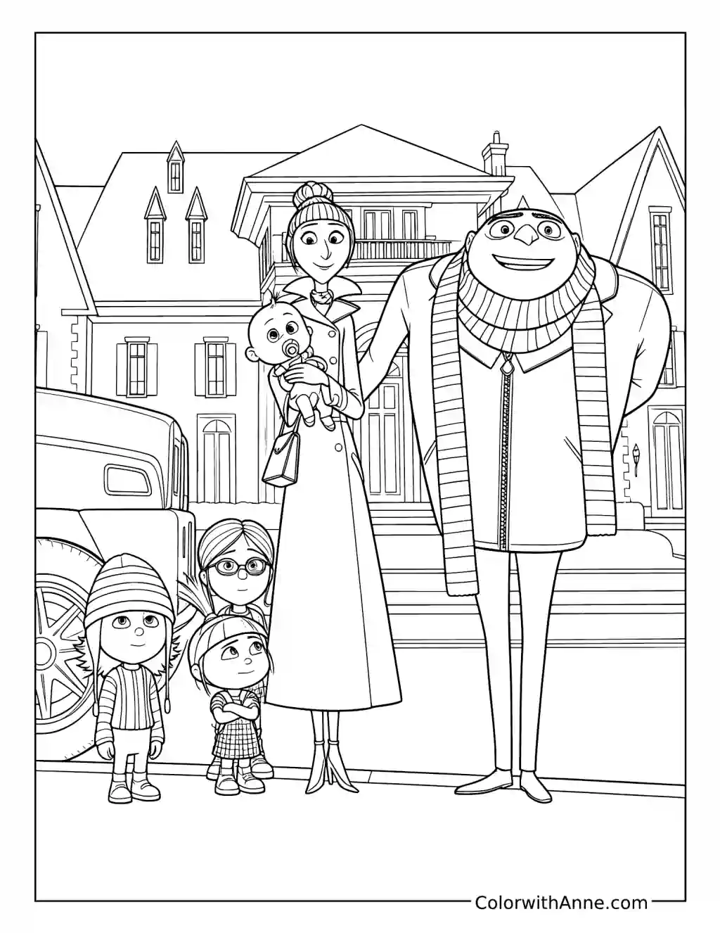 Gru and His Family outside Their House coloring page