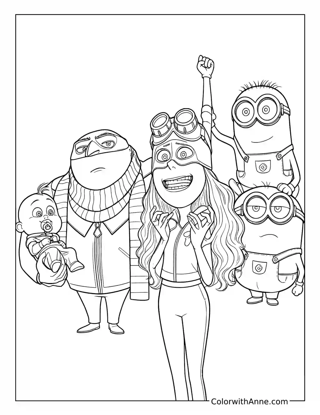 Gru and Poppy Prescott with Gru Jr. and Minions coloring page