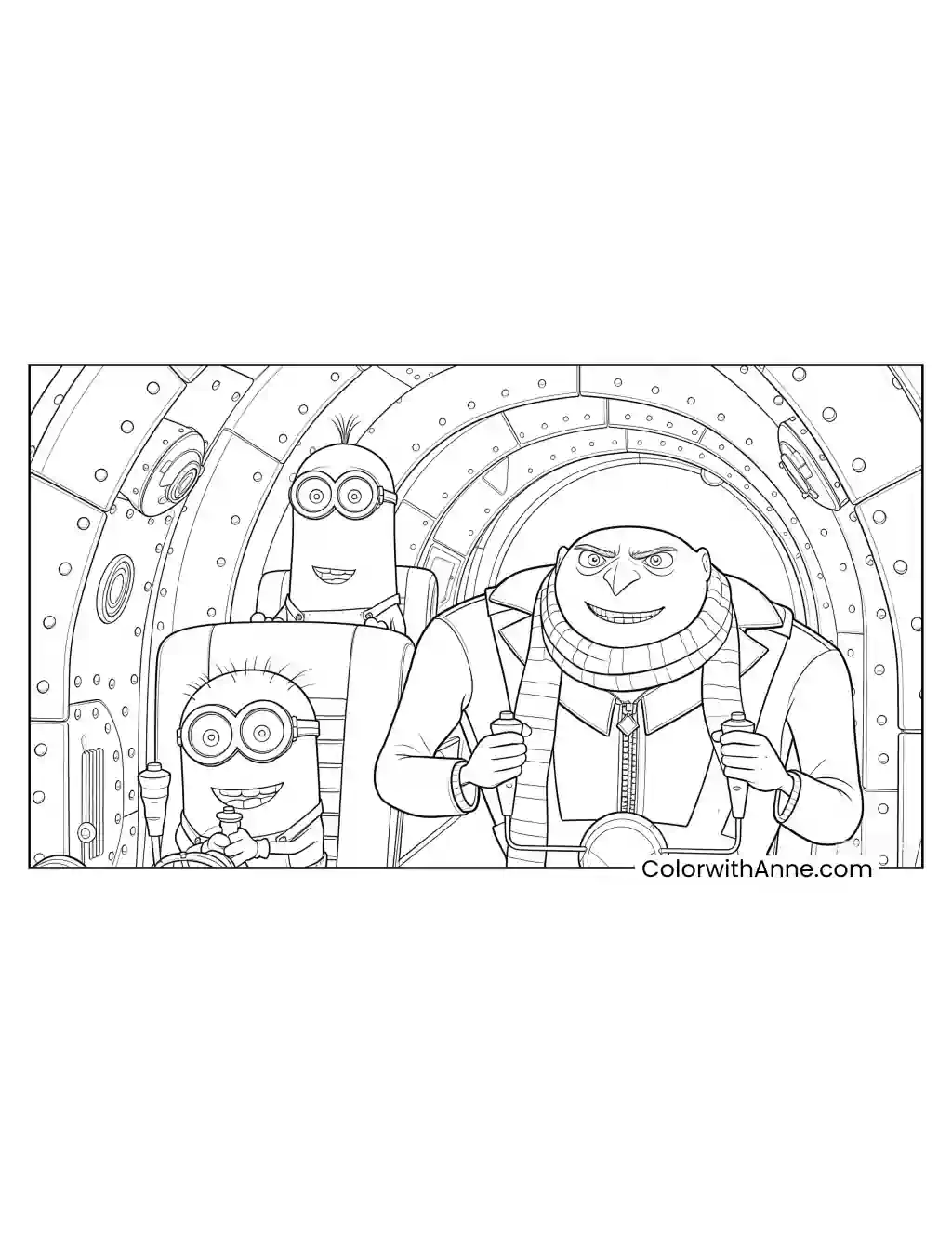 Gru and the Minions inside an Aircraft coloring page