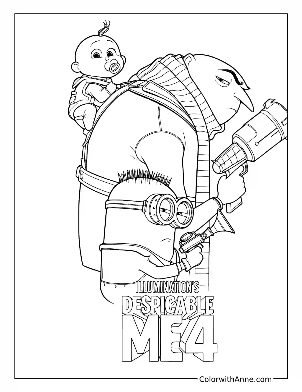Gru Carrying Gru Jr. with a Minion beside Him coloring page