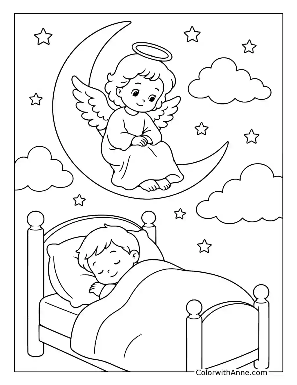 Guardian Angel Watching Over Sleeping Child coloring page