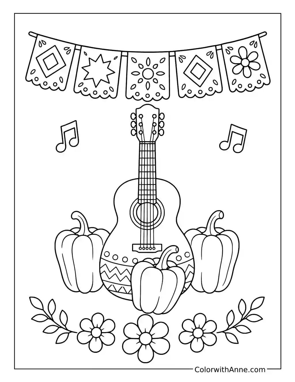 Guitar with Peppers and Flowers coloring page