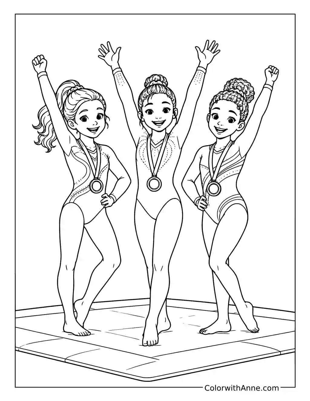 Gymnastics Team Celebrating Medals coloring page