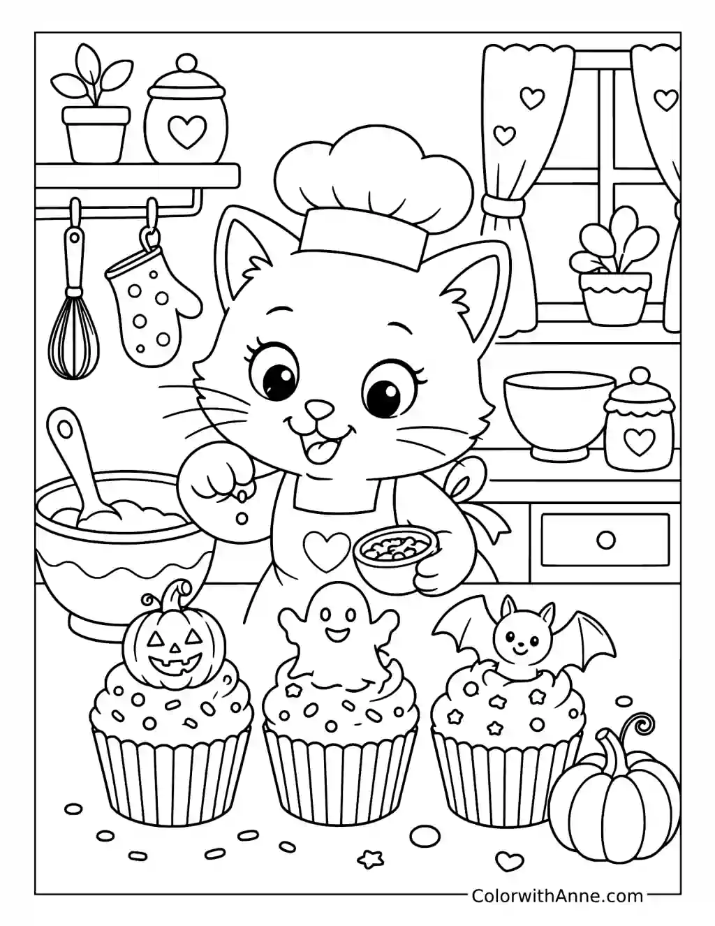 Halloween Cat Decorating Cupcakes coloring page