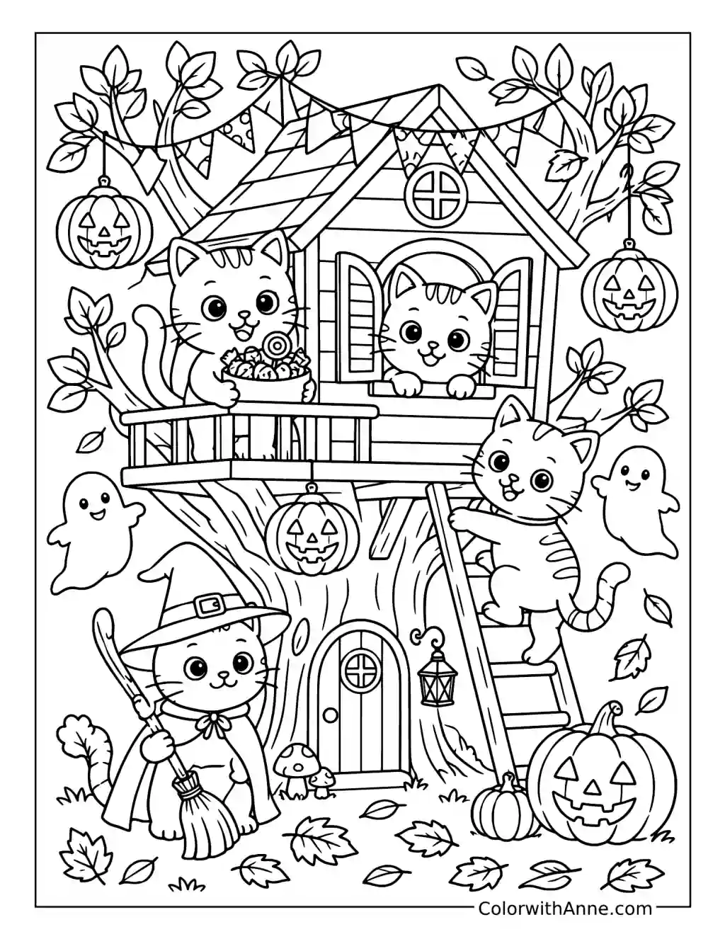 Halloween Cat Treehouse Party coloring page