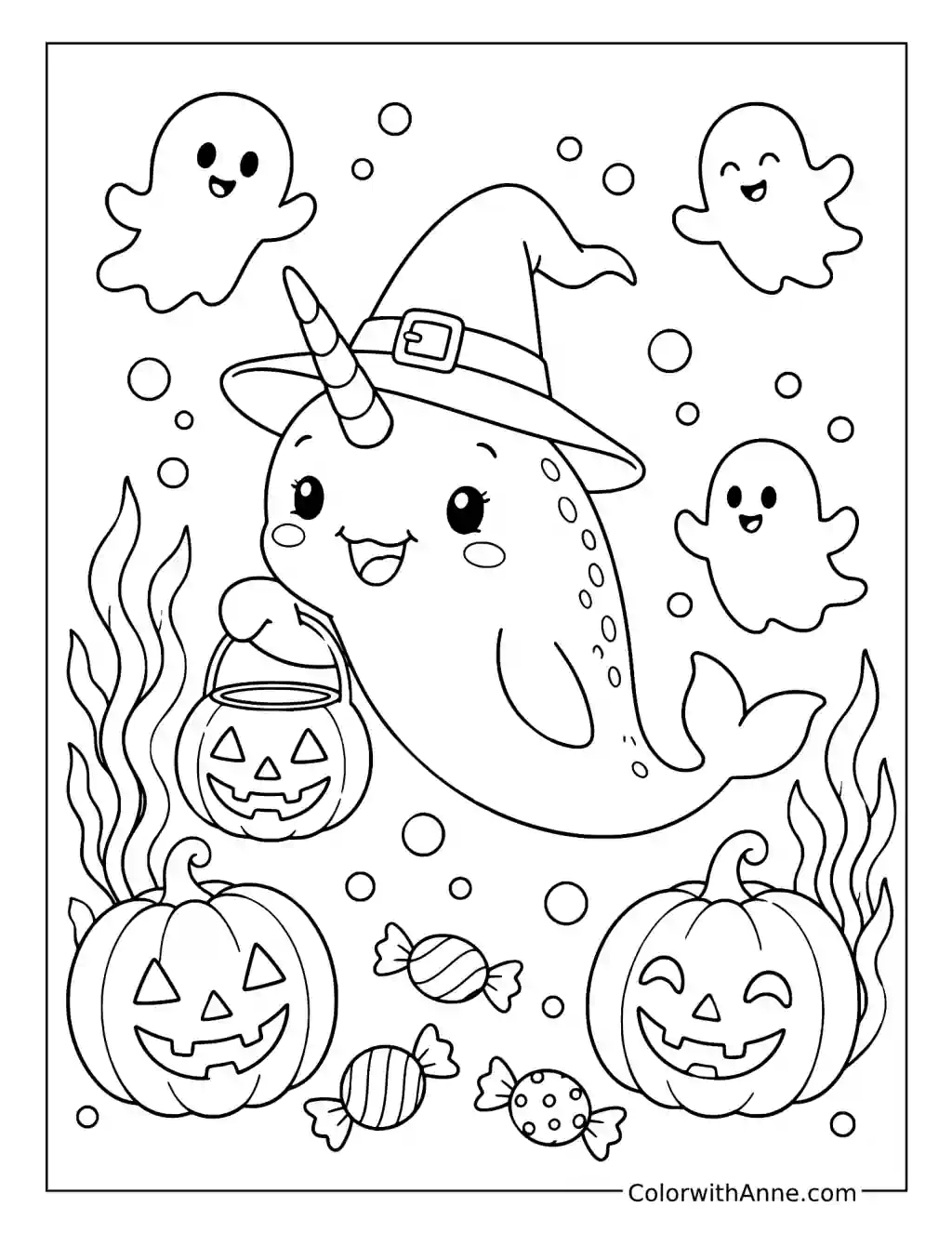 Halloween Narwhal and Friendly Ghosts coloring page