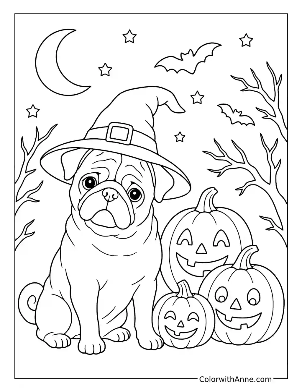 Halloween Pug with Pumpkins coloring page