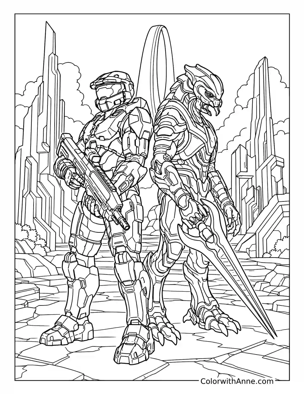 Halo Spartan and Elite Alliance coloring page