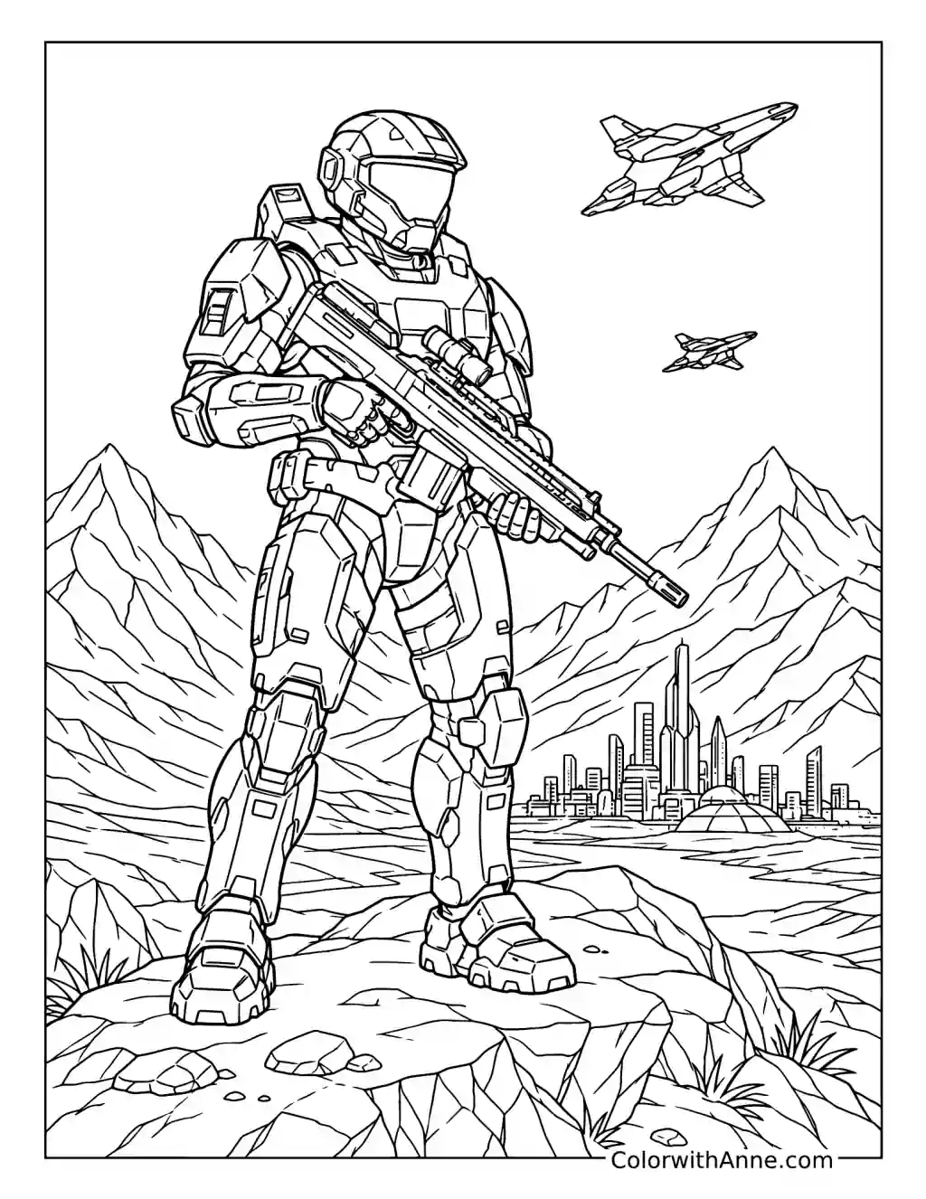 Halo Spartan Overlooking the Mountains coloring page