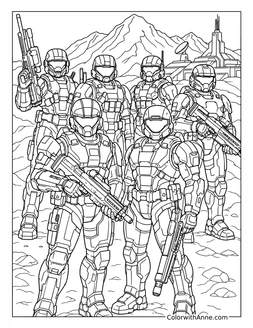 Halo Spartan Squad Ready for Battle coloring page