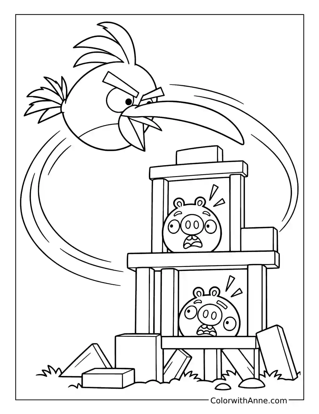 Hal follows a curved flight path around a wooden tower containing two frightened pigs.