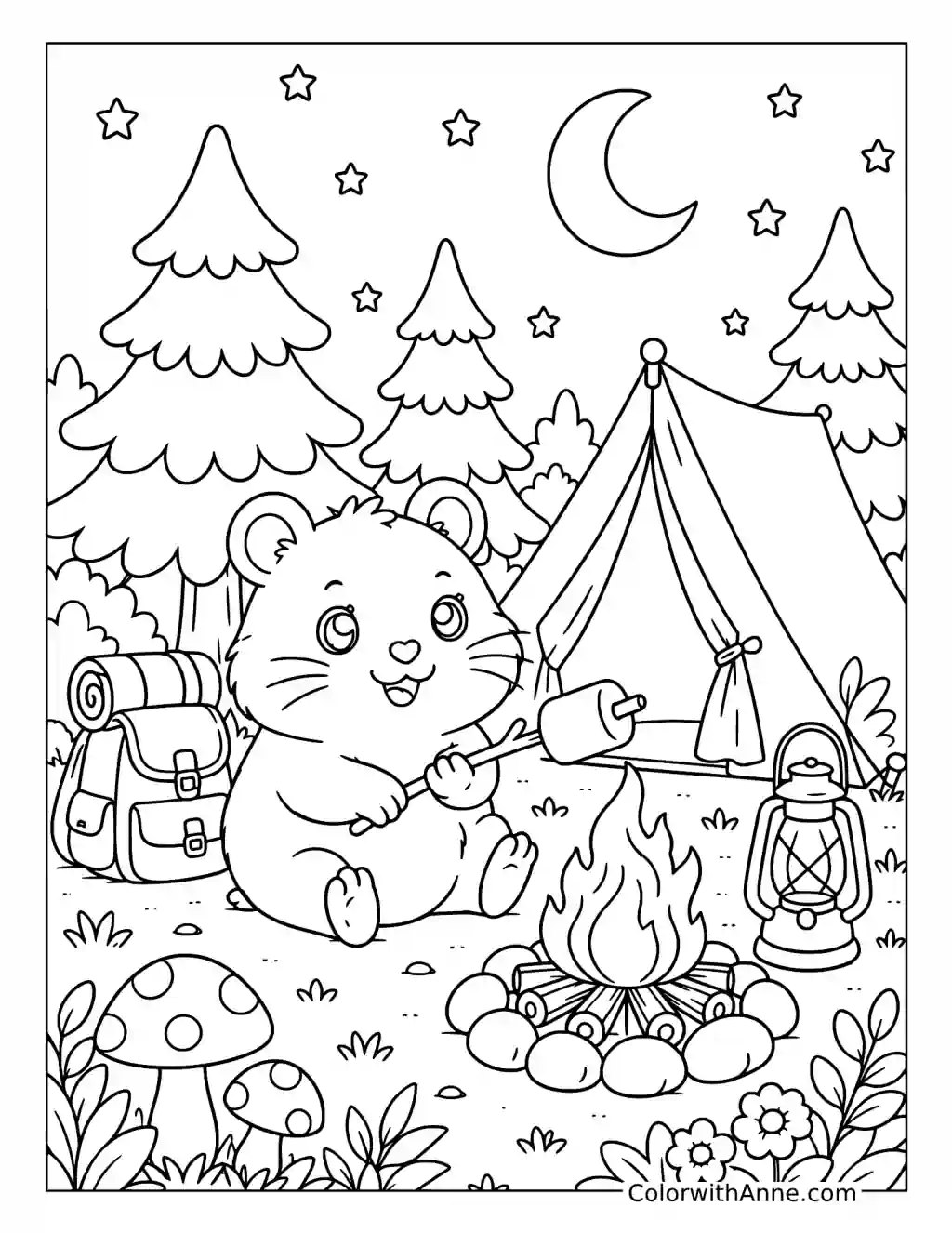 Hamster Camping in the Forest coloring page