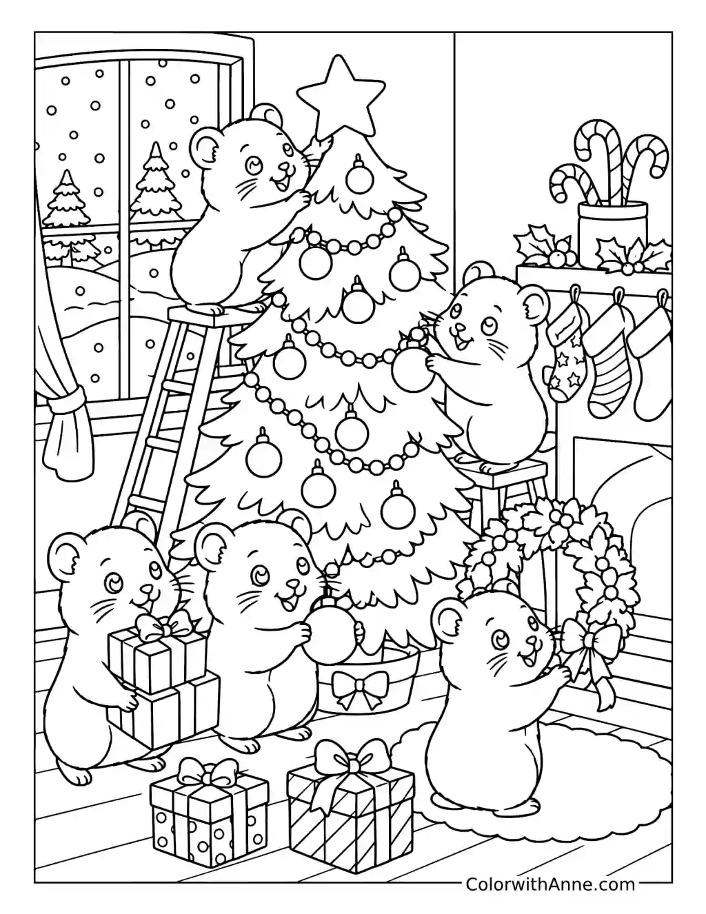 Hamster Christmas Decorating coloring page