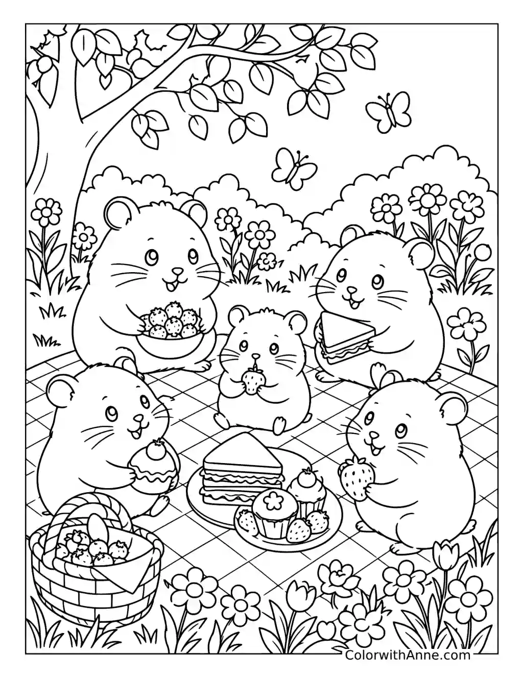 Hamster Family Picnic coloring page