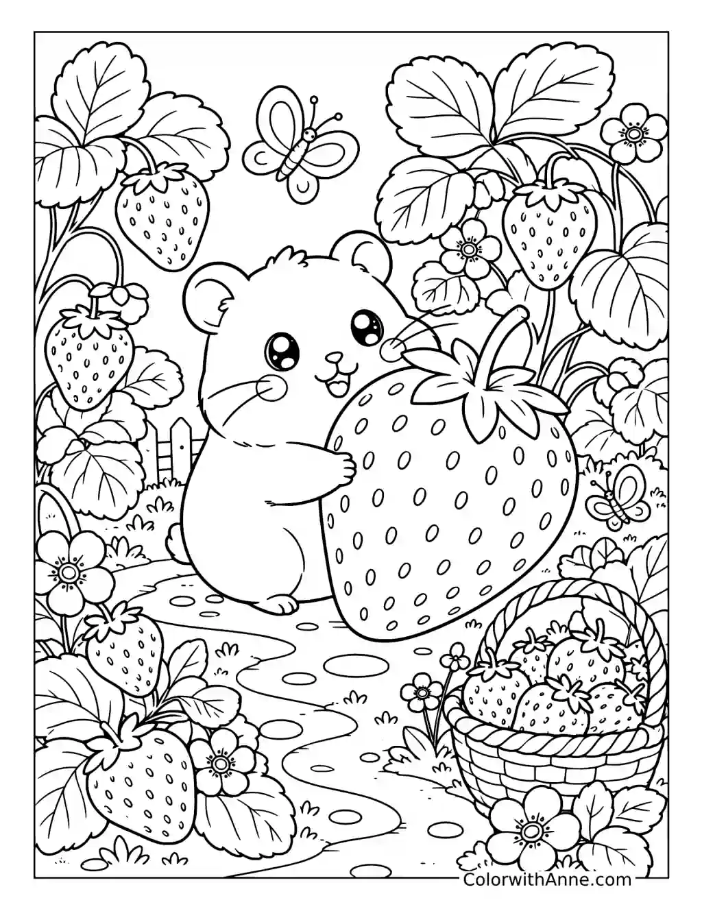 Hamster Holding a Giant Strawberry coloring page
