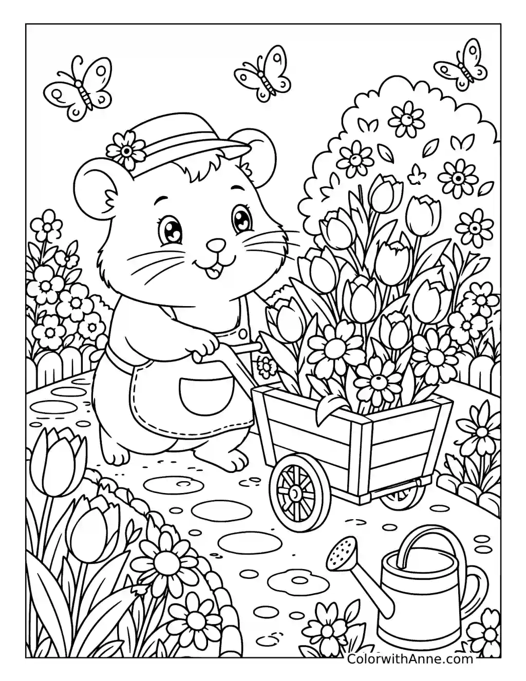 Hamster in a Flower Garden coloring page