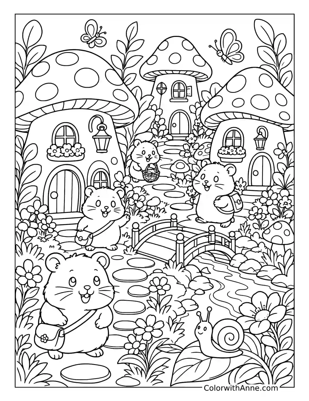 Hamster in a Mushroom Village coloring page