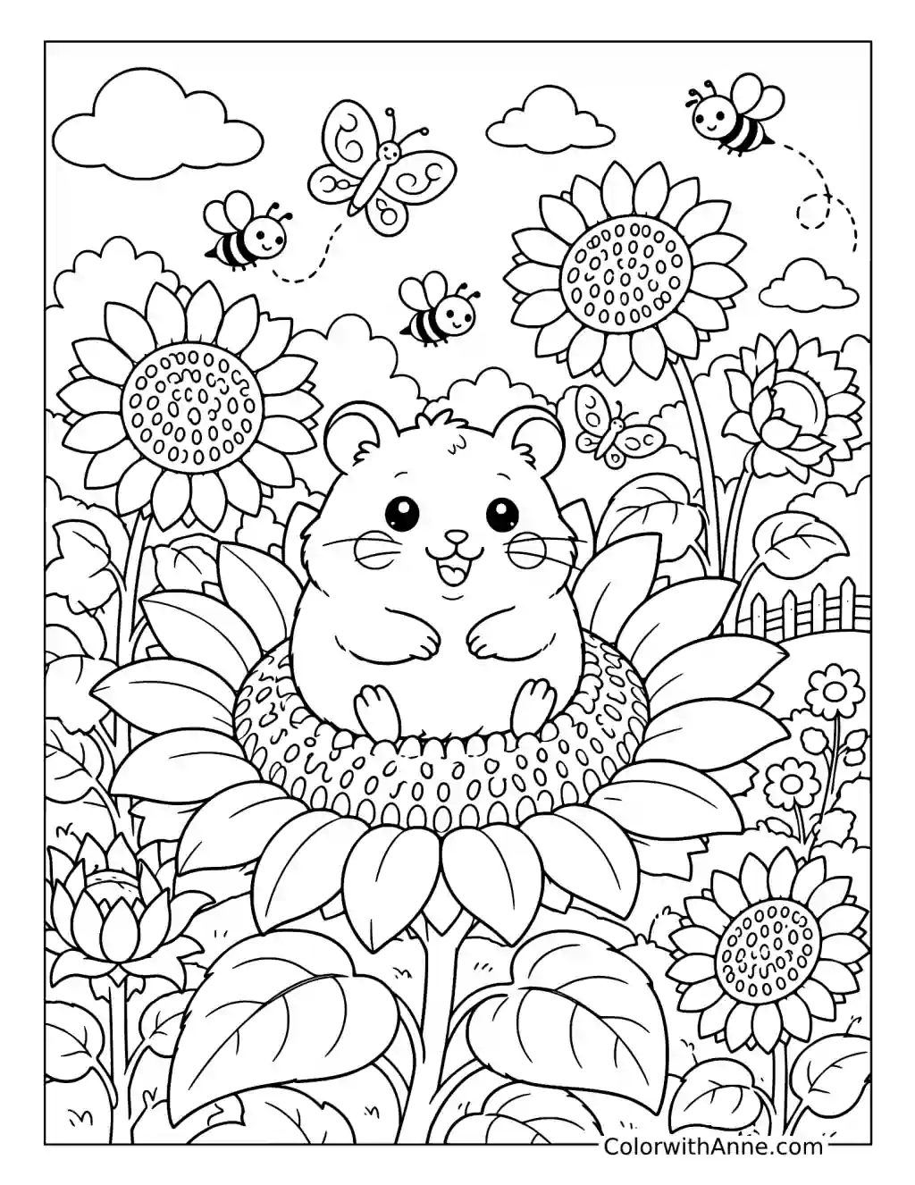 Hamster on a Sunflower coloring page