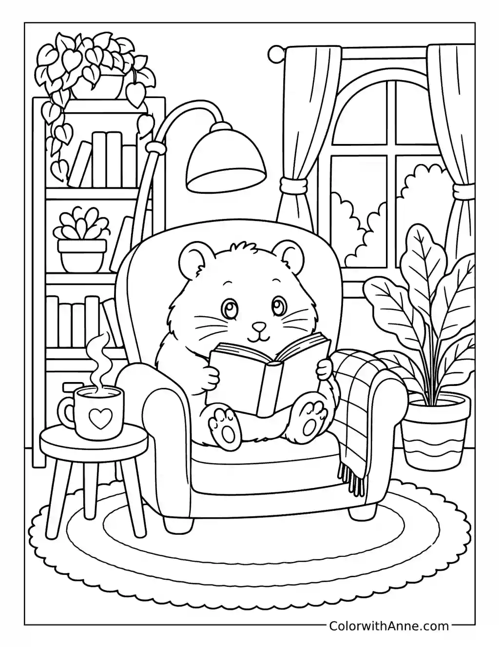 Hamster Reading in a Cozy Room coloring page