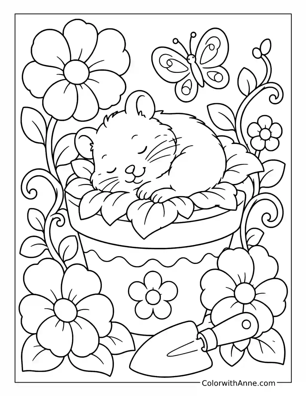 Hamster Sleeping in a Flowerpot coloring page
