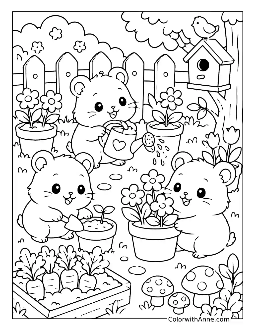 Hamsters Tending a Garden coloring page
