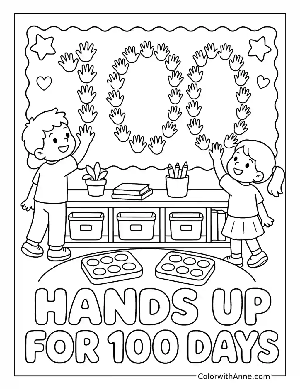 Hands Up for 100 Days coloring page