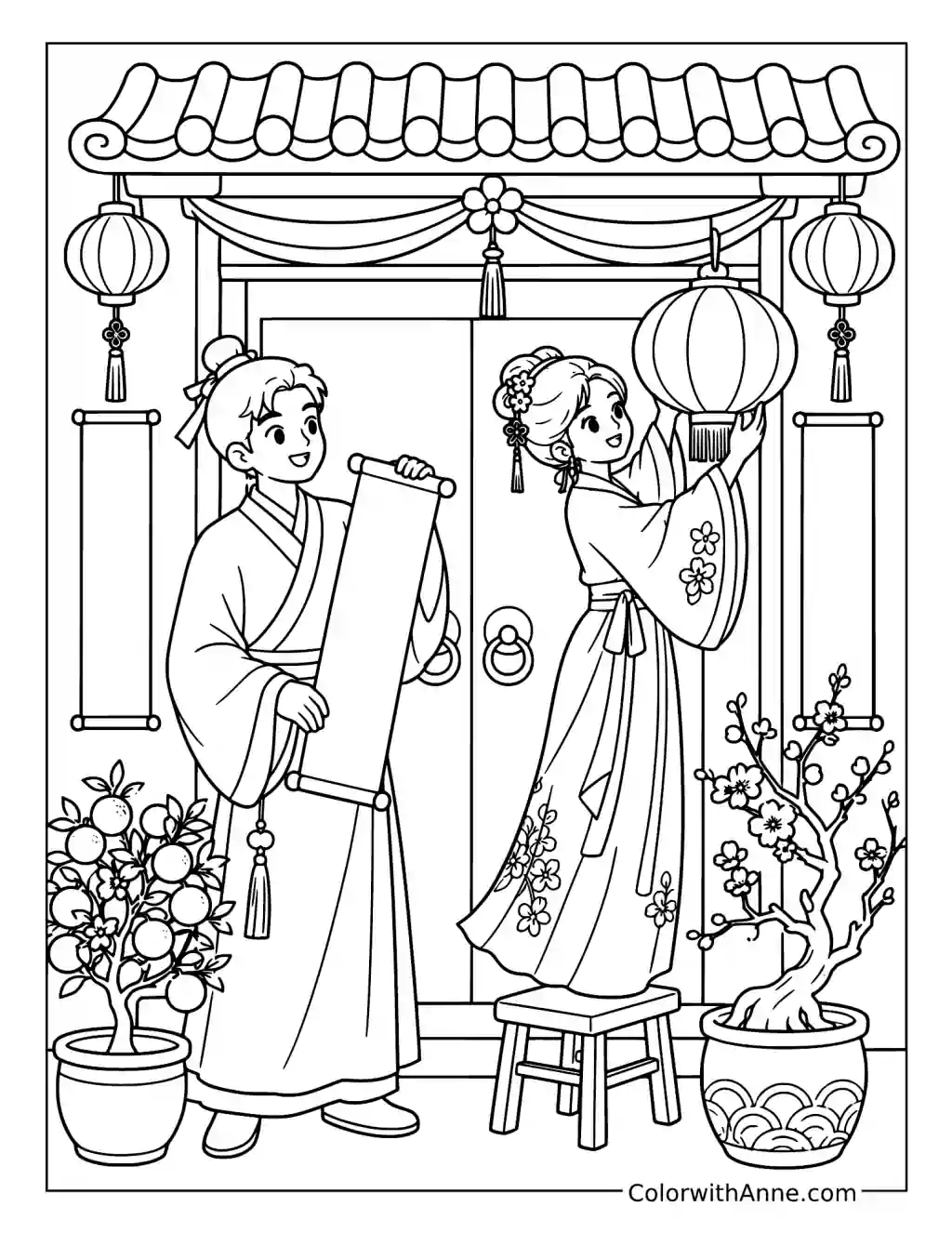 Hanfu Couple Decorating for Chinese New Year coloring page