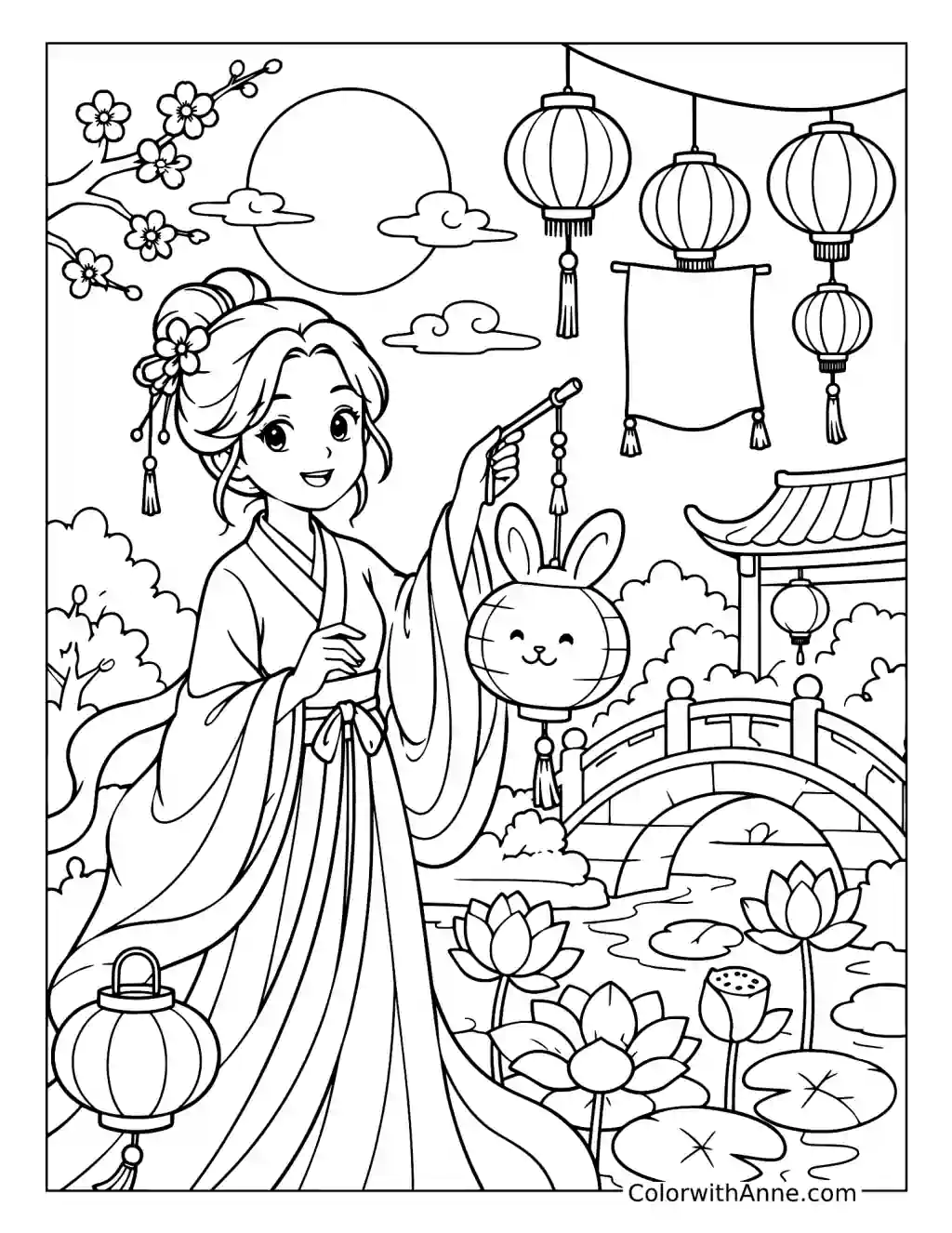 Hanfu Woman in a Lantern Festival Garden coloring page