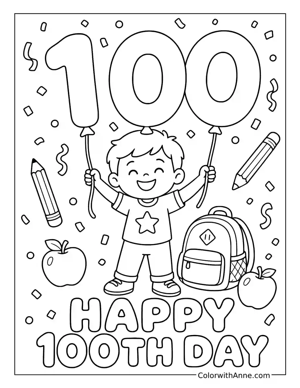 Happy 100th Day Balloon Celebration coloring page