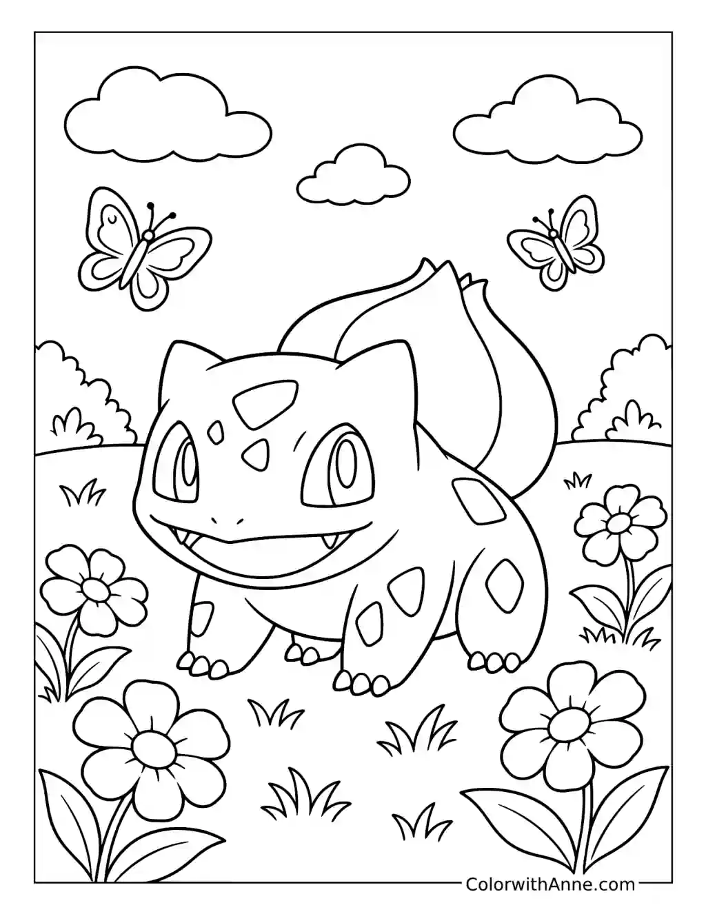 Happy Bulbasaur in a Flower Meadow coloring page