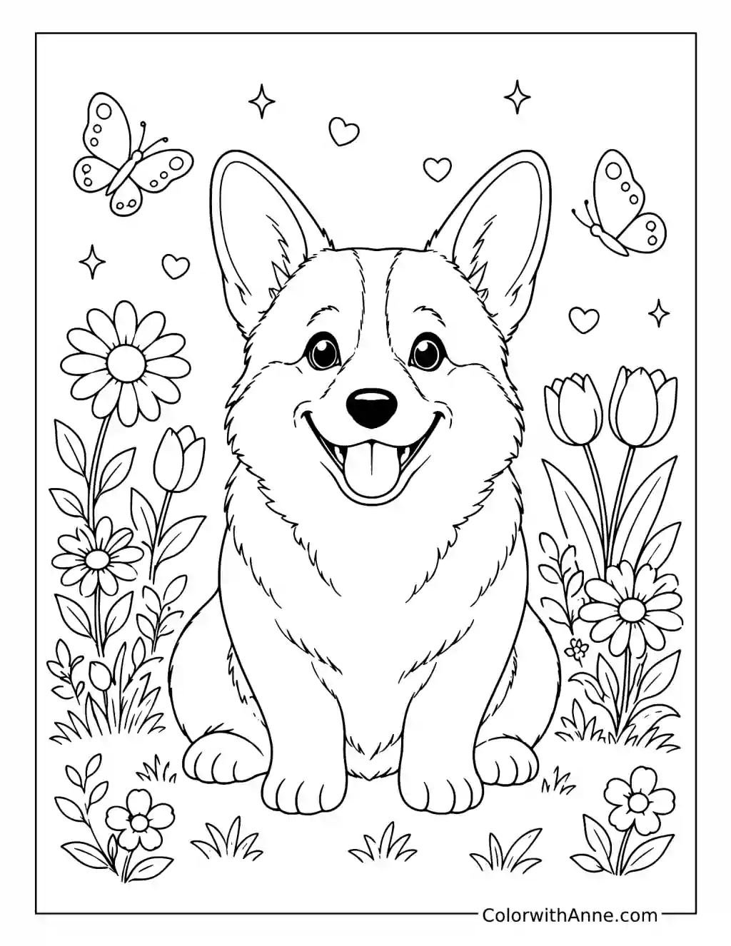 Happy Corgi with Flowers coloring page