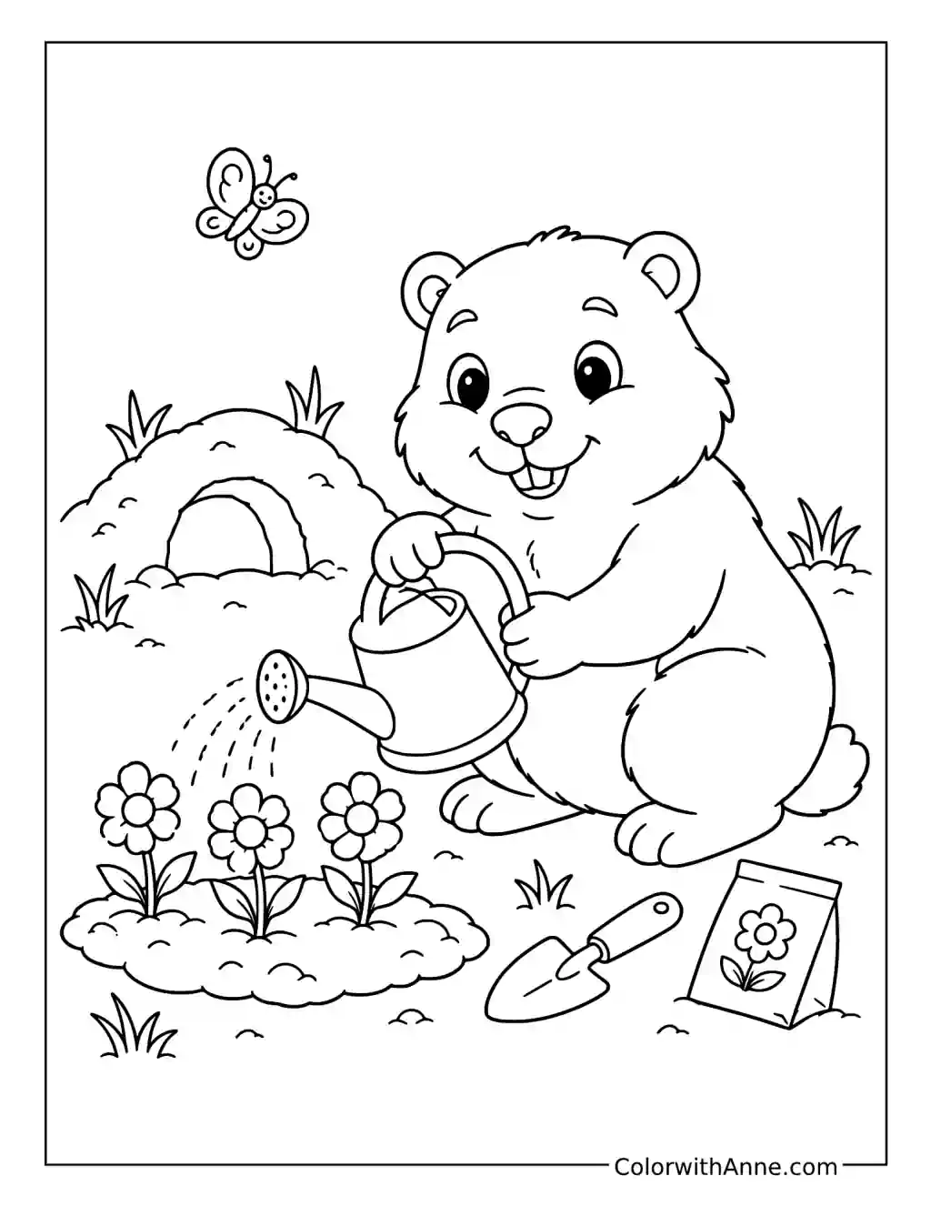 Happy Groundhog Spring Garden coloring page