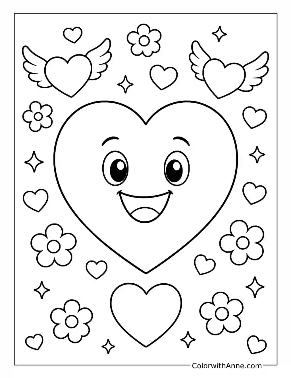 Happy Heart Emoji with Winged Hearts coloring page