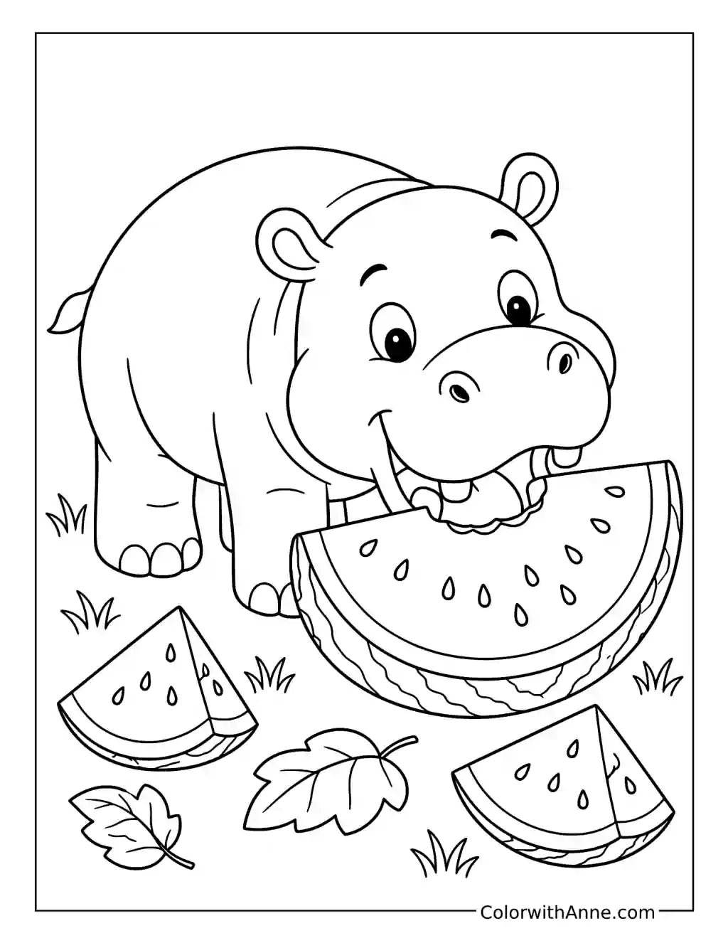 Happy Hippo Enjoying Watermelon coloring page
