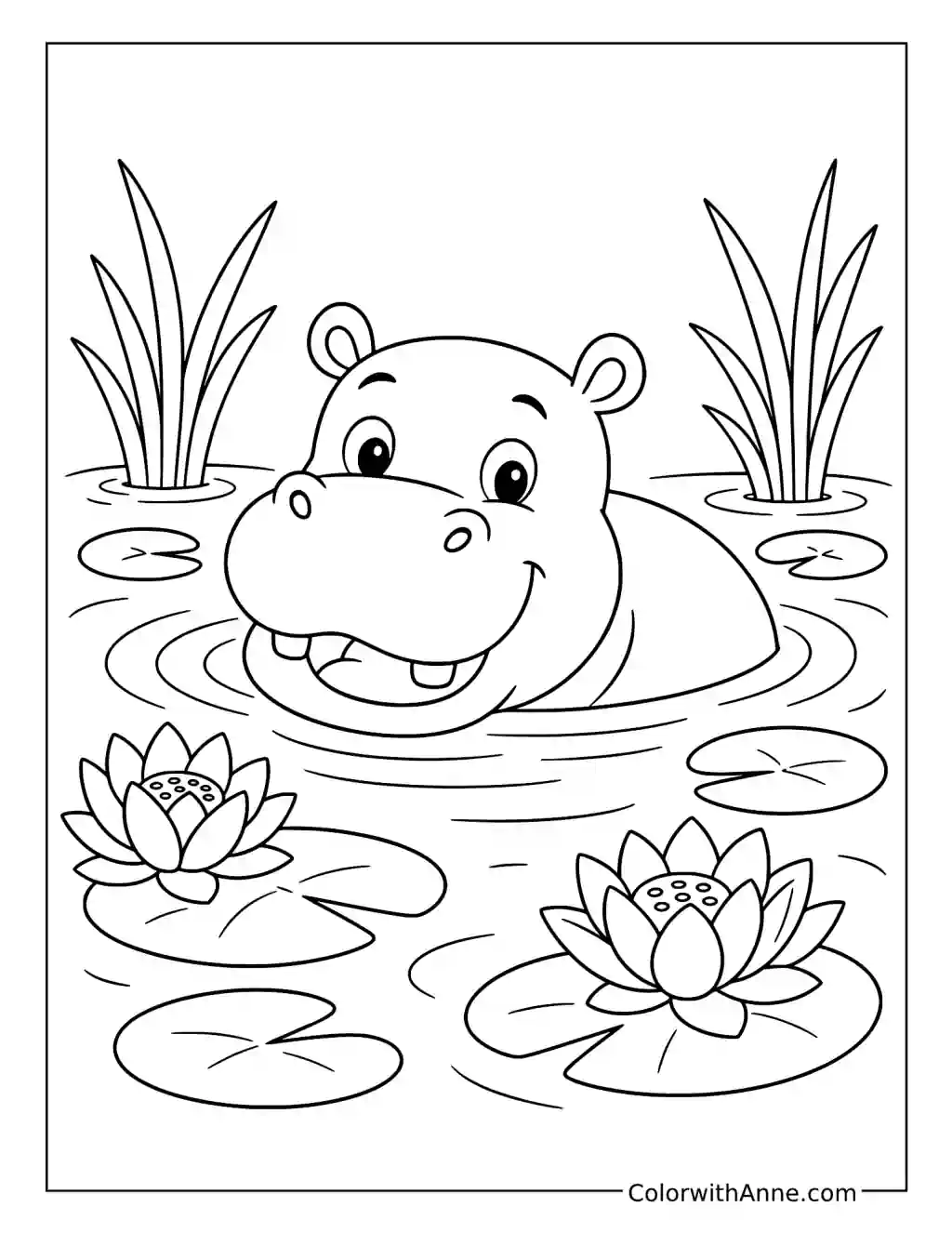 Happy Hippo in a Lily Pond coloring page