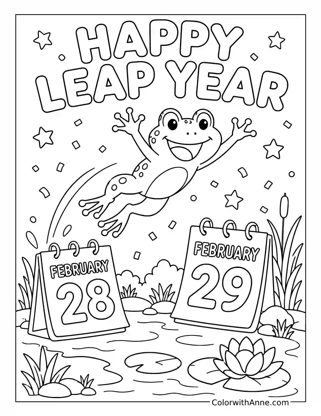 Happy Leap Year Frog Jump coloring page