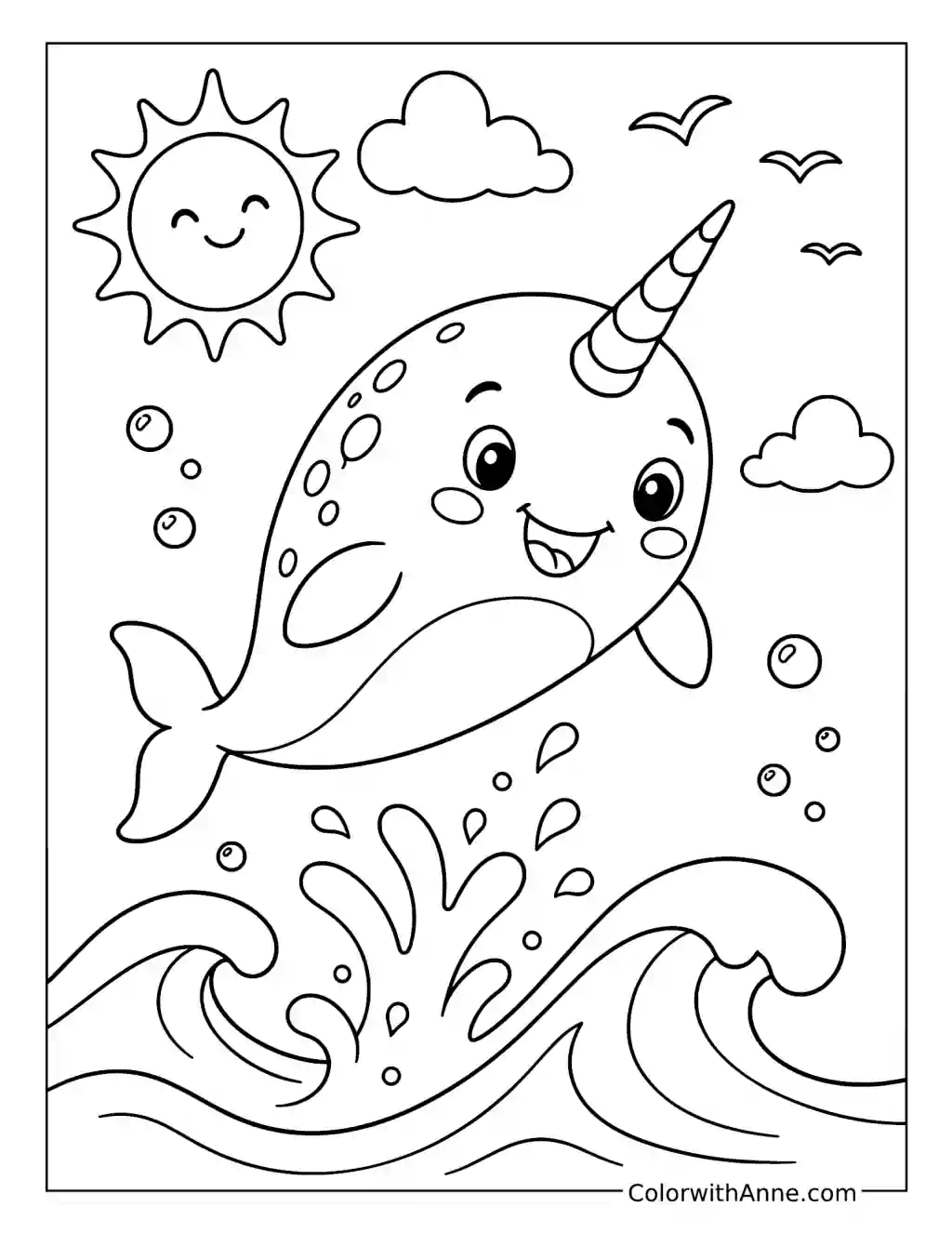 Happy Narwhal Leaps Over Sunny Waves coloring page