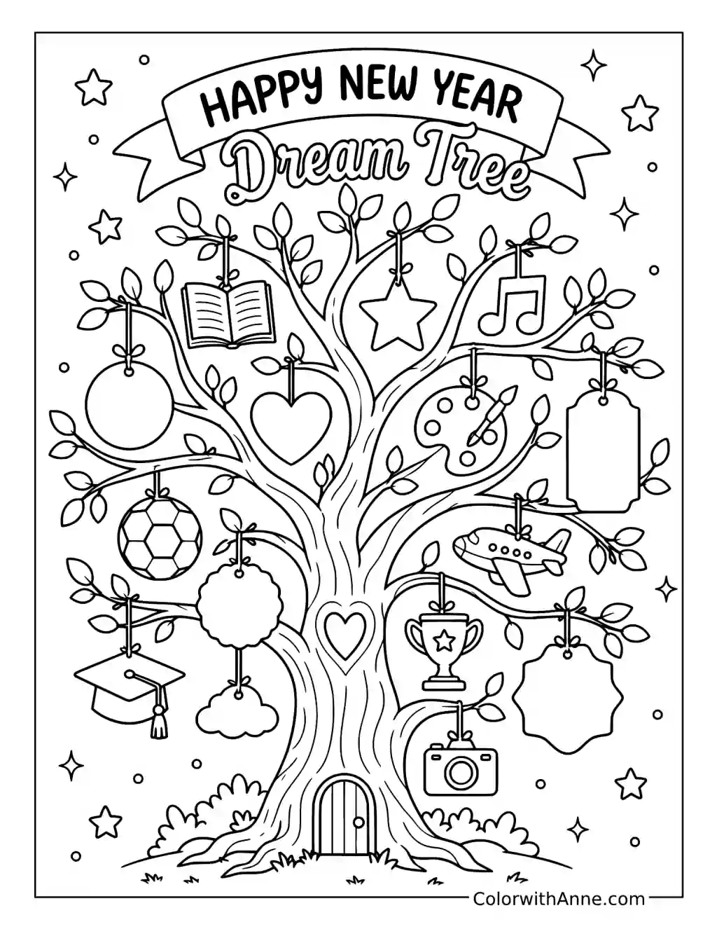 Happy New Year Dream Tree coloring page