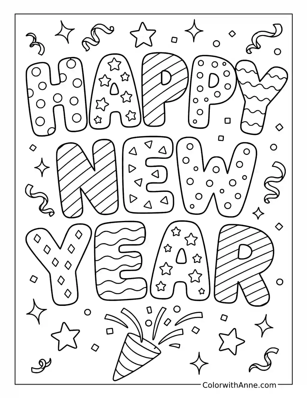 Happy New Year Patterned Lettering coloring page