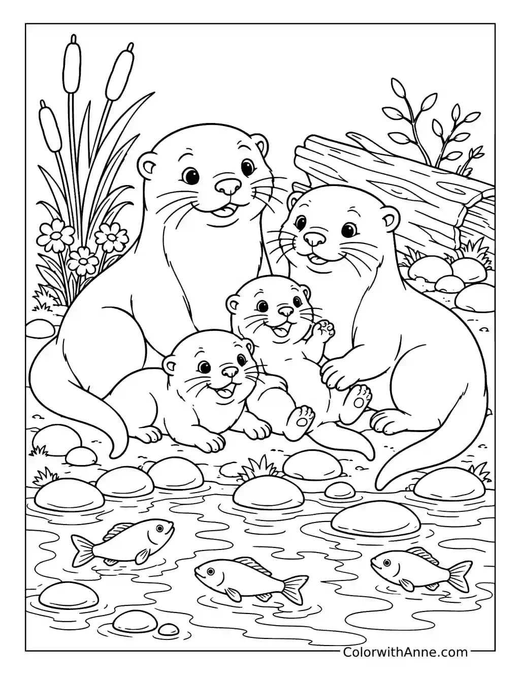 Happy Otter Family by the Stream coloring page
