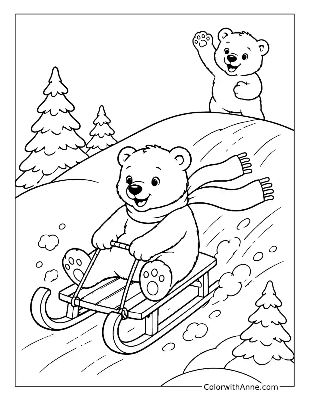 Happy Polar Bear Cub Sledding coloring page