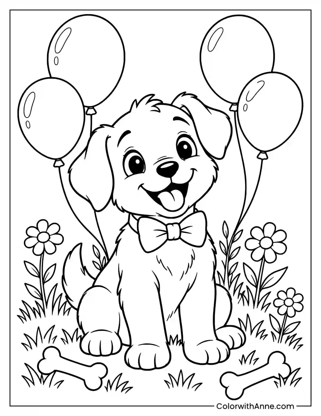 Happy Puppy with Bow Tie and Balloons Coloring Page