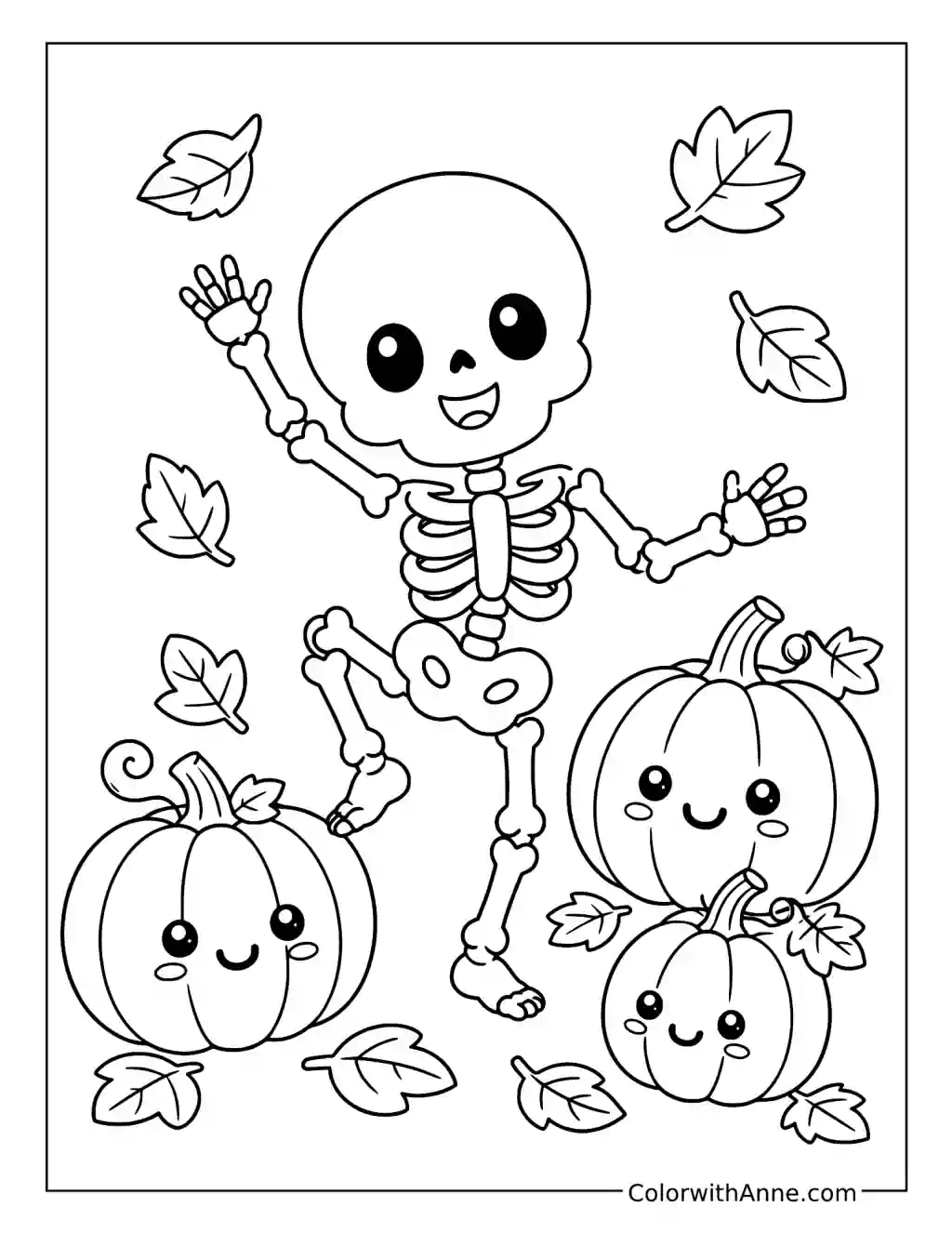 Happy Skeleton Dancing with Pumpkins coloring page