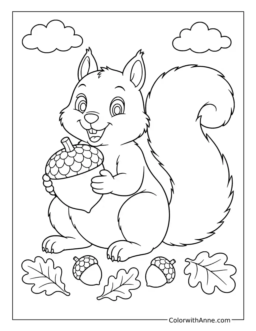 Happy Squirrel Holding a Giant Acorn coloring page