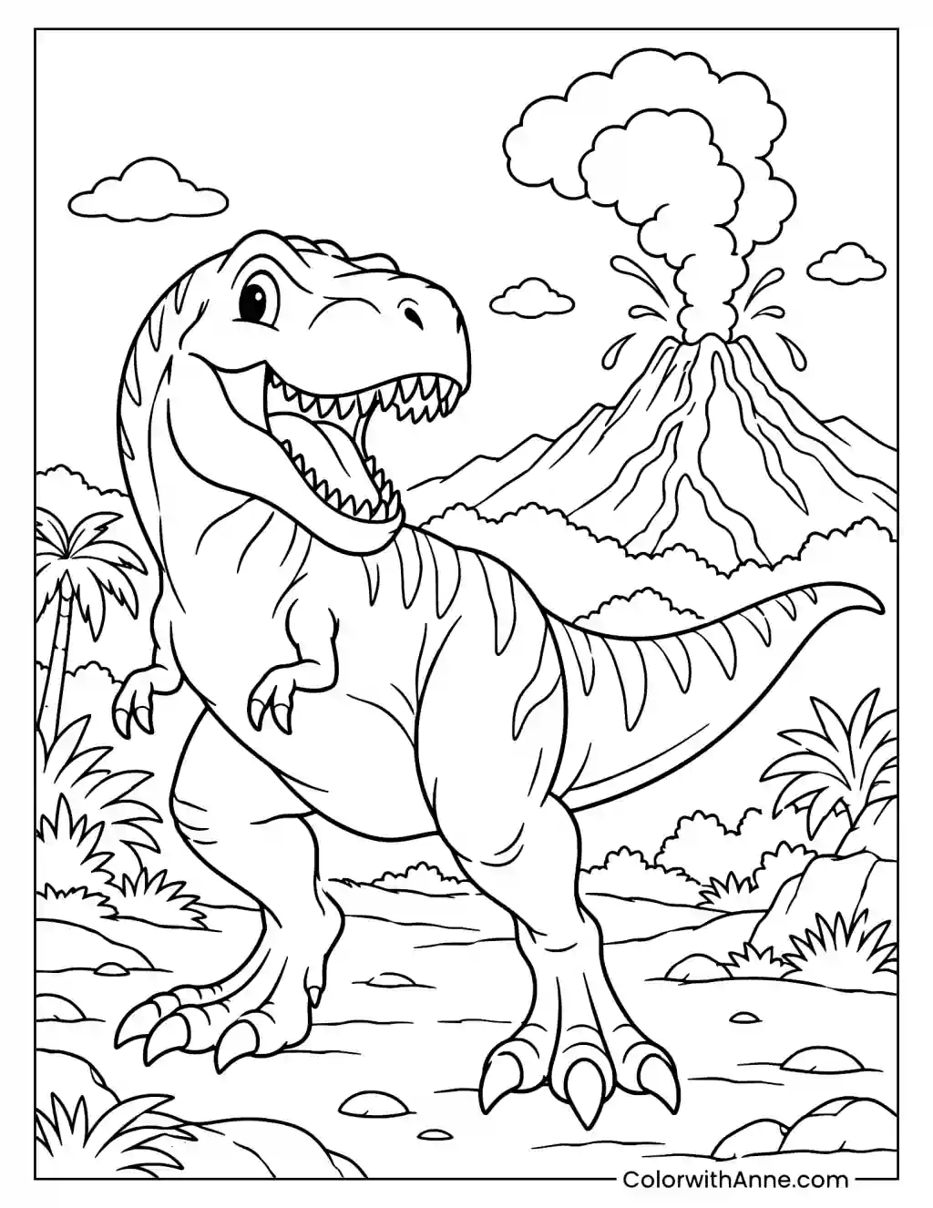 Happy T-Rex Near an Erupting Volcano Coloring Page