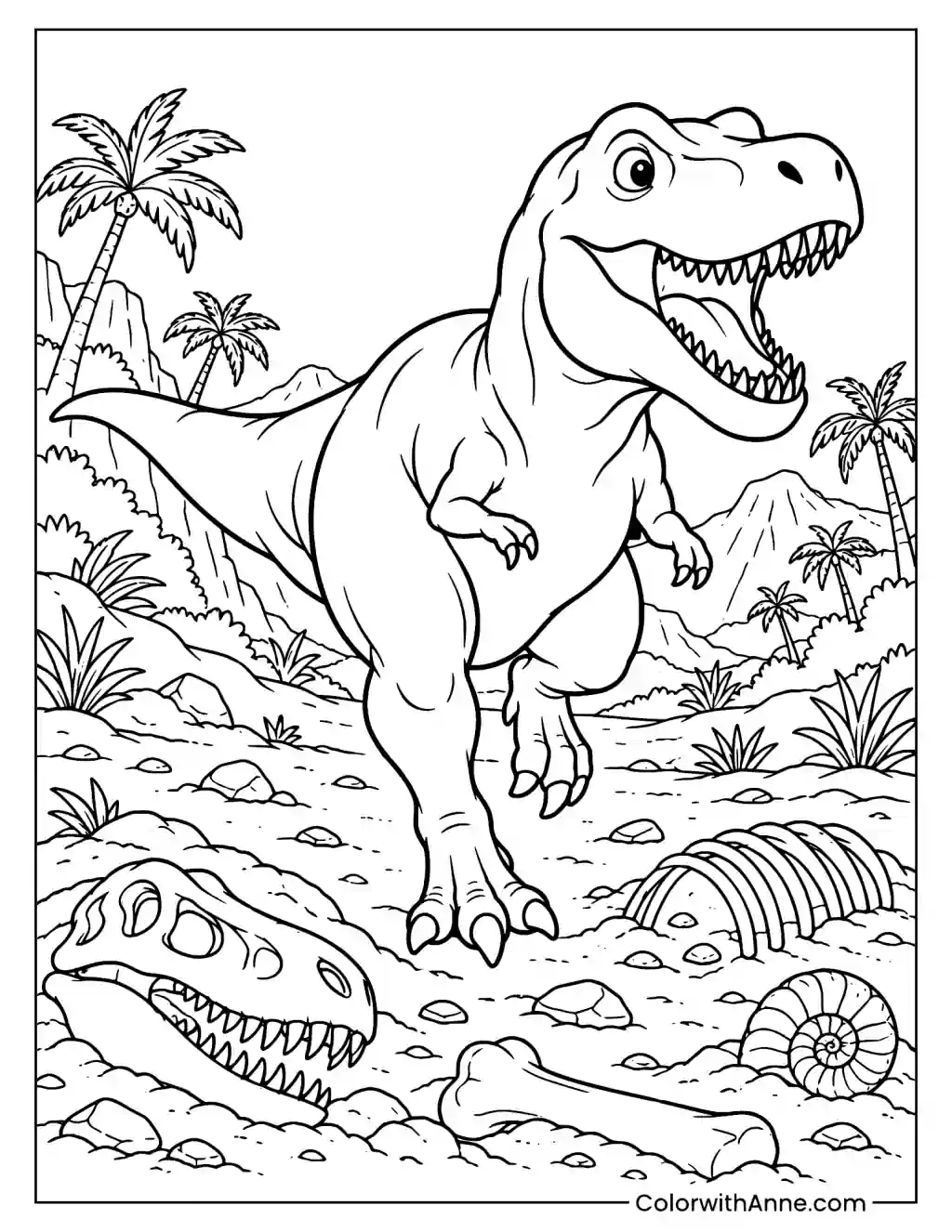 Happy T-Rex Running Through a Fossil Valley Coloring Page
