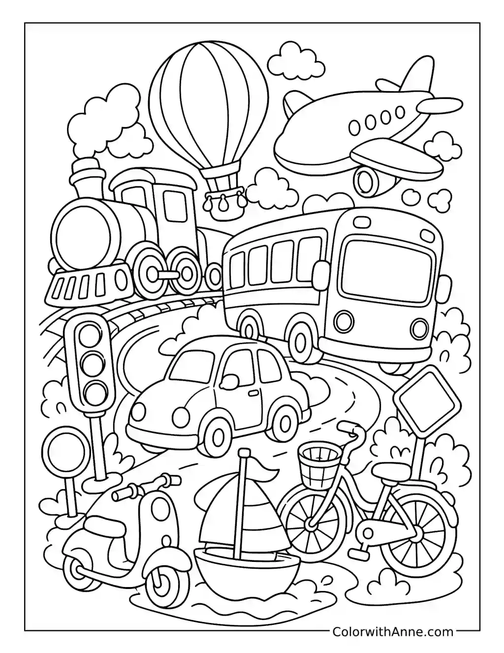Happy Transportation Doodle Art coloring page