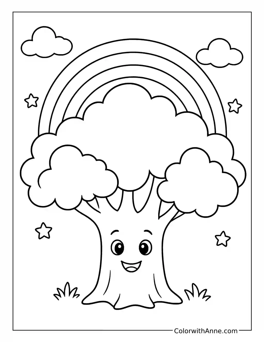 Happy Tree Under a Rainbow coloring page