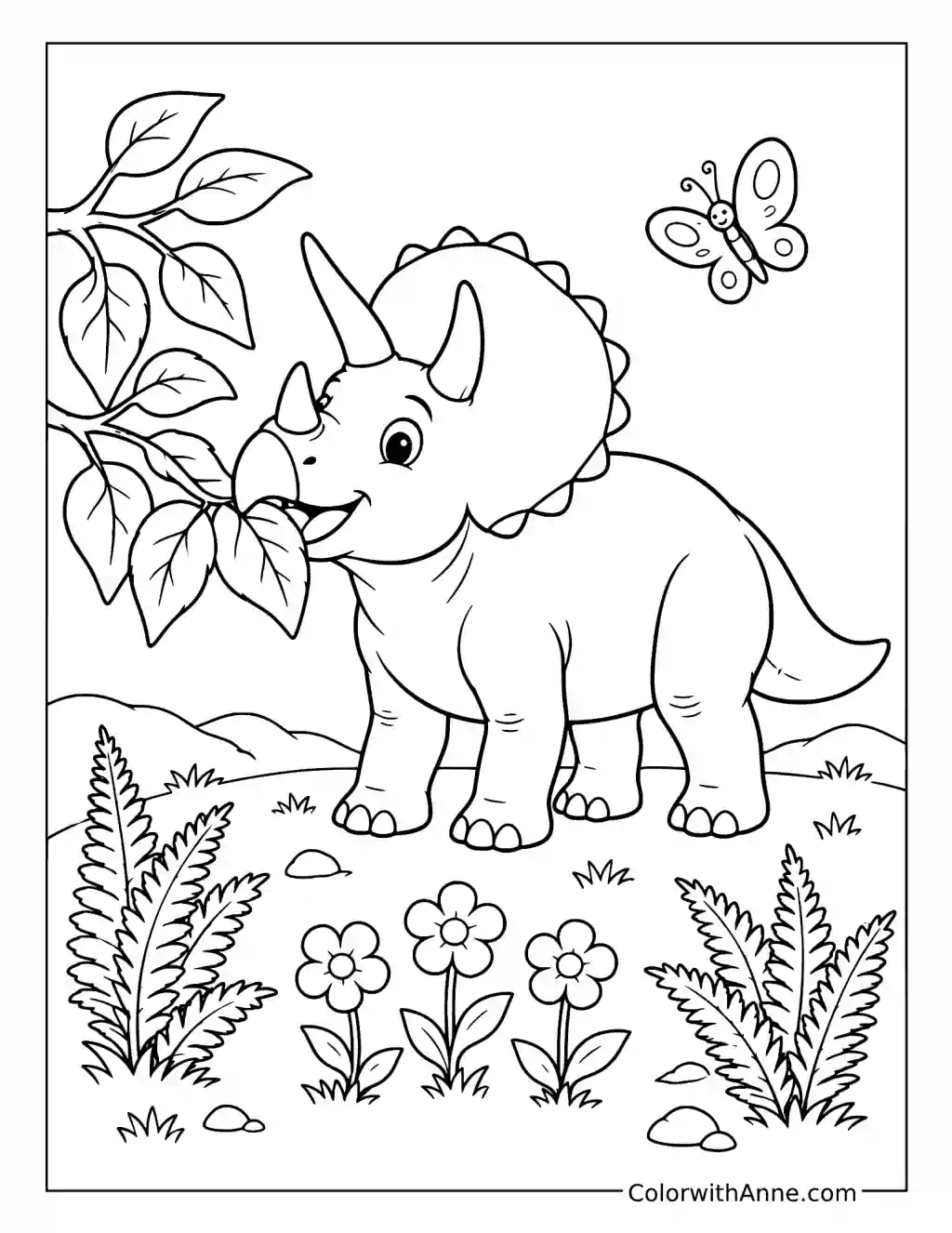 Happy Triceratops in a Prehistoric Meadow coloring page